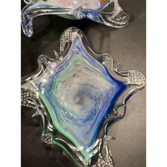 2 ~ Murano Art Glass Bowls Abstract Sculptures Blue Green Swirl Original Sticker - Picture 5 of 16